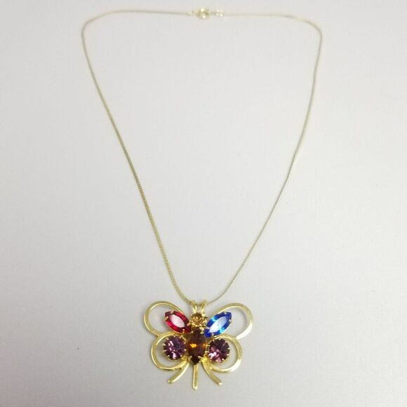 Vintage Colorful Rhinestone Butterfly Pendant Necklace, Gold Tone Setting, Estat - Picture 7 of 8